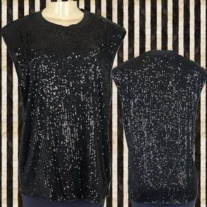 Timing L Black Sequin Crew Knit Neckline Padded Shoulders Sleeveless Tank Blouse